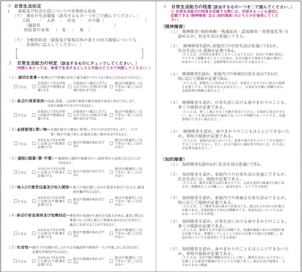 精神障害用診断書 日常生活能力の判定表